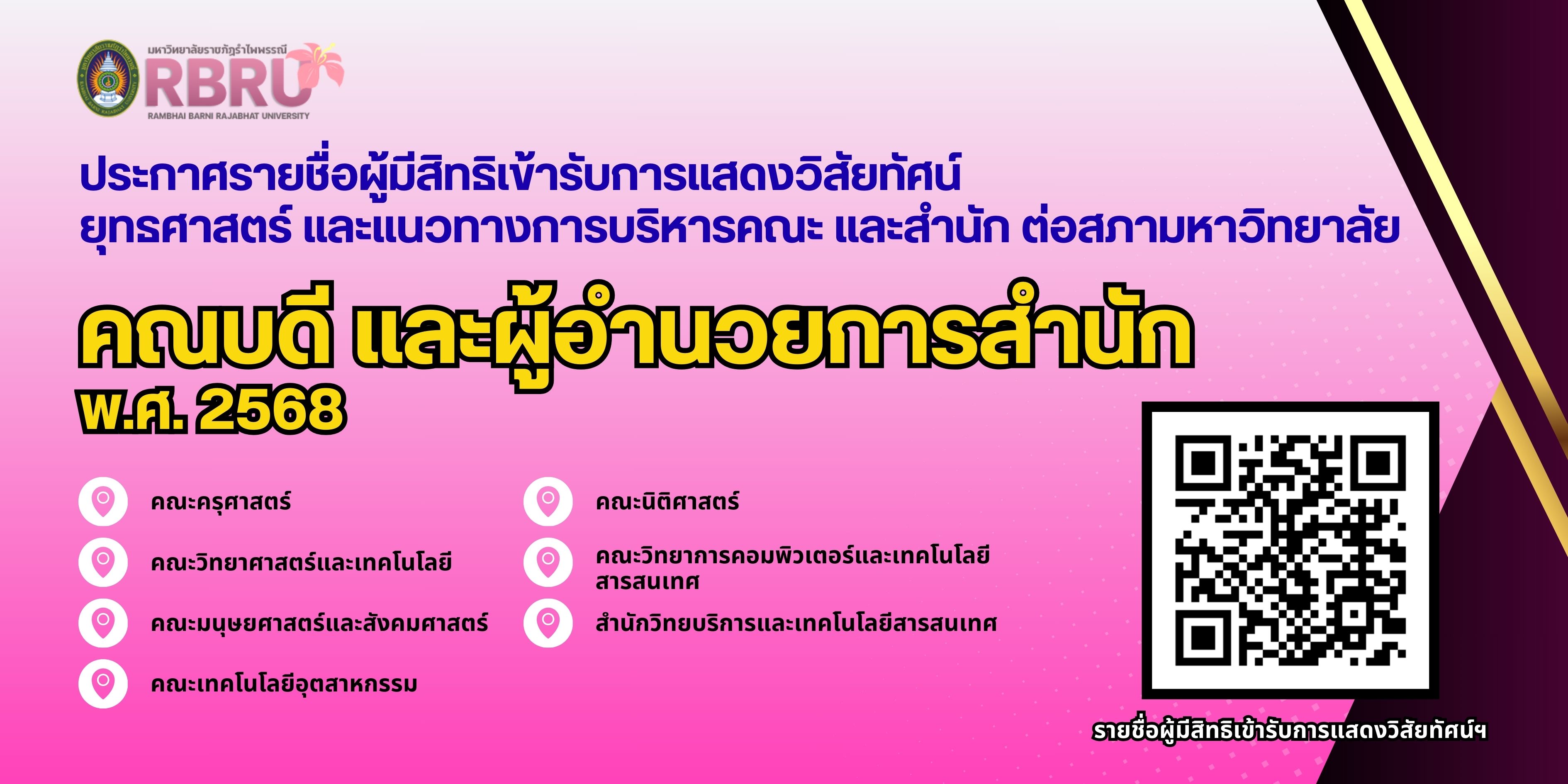 ประกาศรายชื่อผู้มีสิทธิ์เข้ารับการแสดงวิสัยทัศน์ ยุทธศาสตร์ และแนวทางการบริหารงานคณะ และสำนัก ของผู้เข้ารับการสรรหาคณบดีและผู้อำนวยการสำนัก ปี พ.ศ. 2568